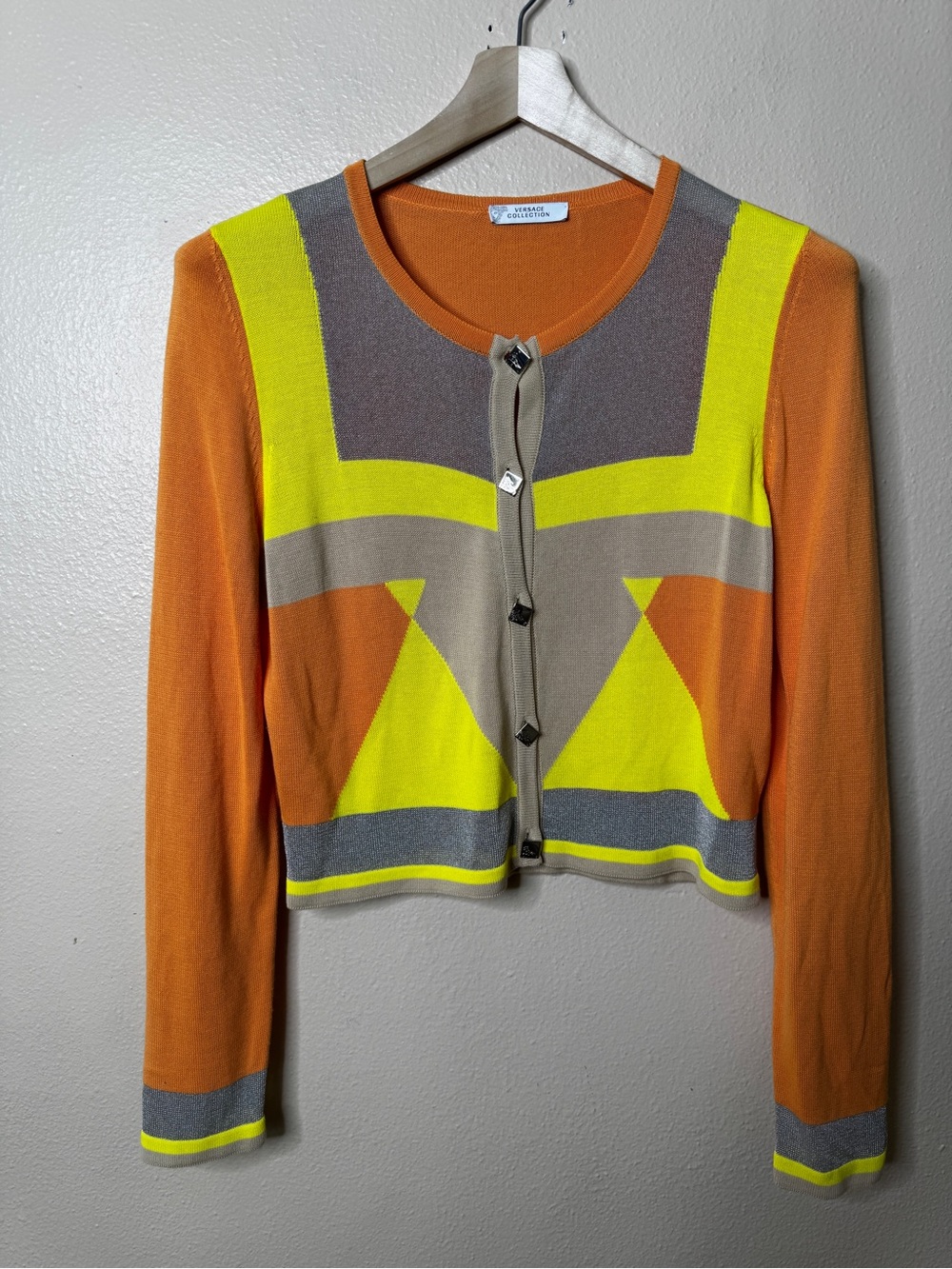 Versace Collection Womens IT 48 Cardigan Orange Geometric Viscose Made in Italy